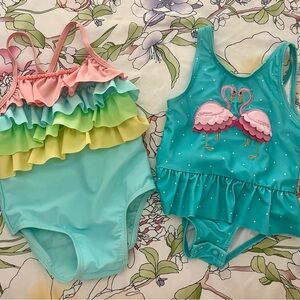 crown & ivy Kids Ruffled Flamingo Swimsuit Set - Pink, Green, Yellow, Blue
